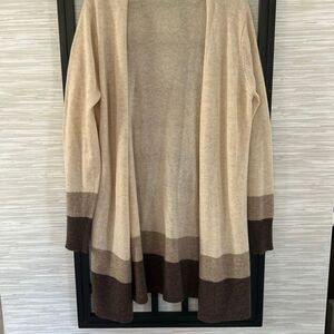Caroline Grace 100% cashmere beige long tunic cardigan sweater with brown detail